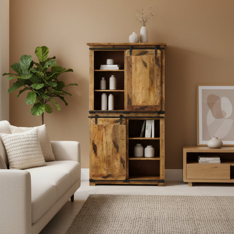 Wooden cabinet with multiple shelves and a door on a white background