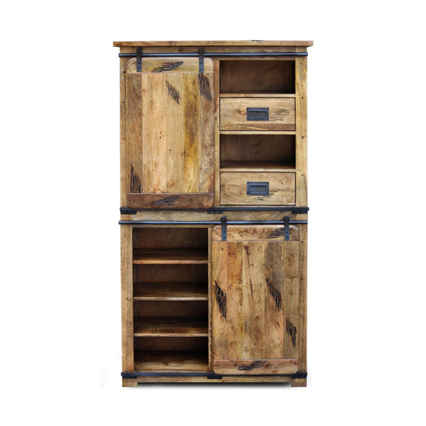 Wooden cabinet with multiple shelves and a door on a white background