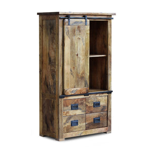 Wooden display unit with sliding door and drawers on a white background