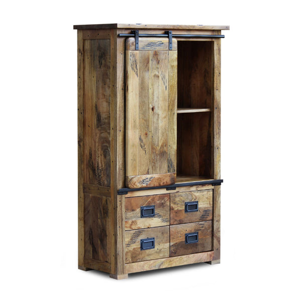 Wooden display unit with sliding door and drawers on a white background