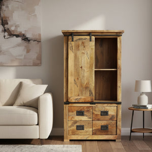 Wooden display unit with sliding door and drawers in a livingroom