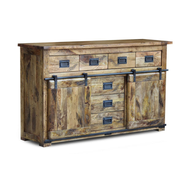 Wooden sideboard with multiple drawers and metal handles on a white background