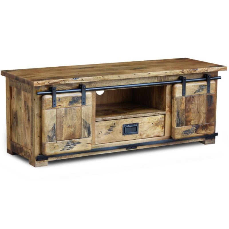 Wooden TV stand with metal accents on a white background