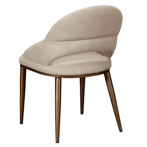 Beige cushioned chair with wooden legs on a white background