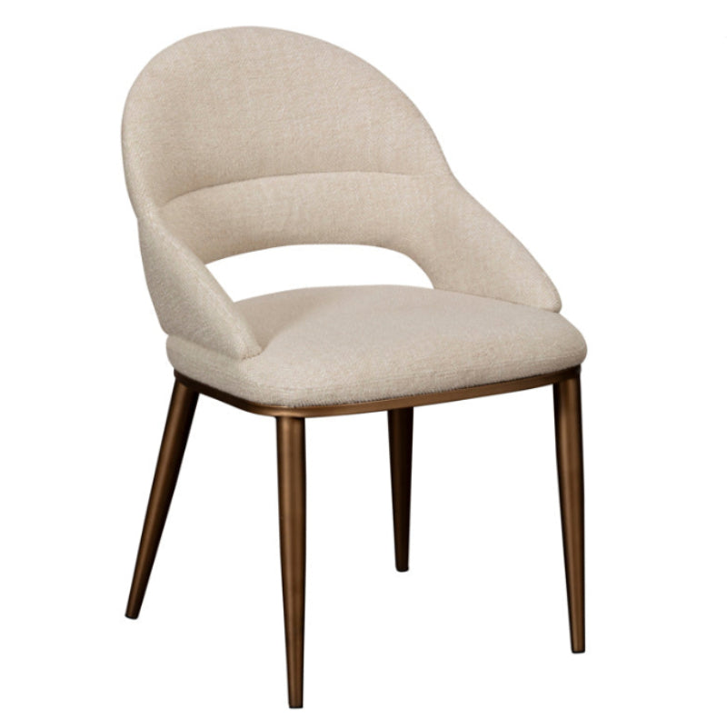 Beige upholstered chair with wooden legs on a white background