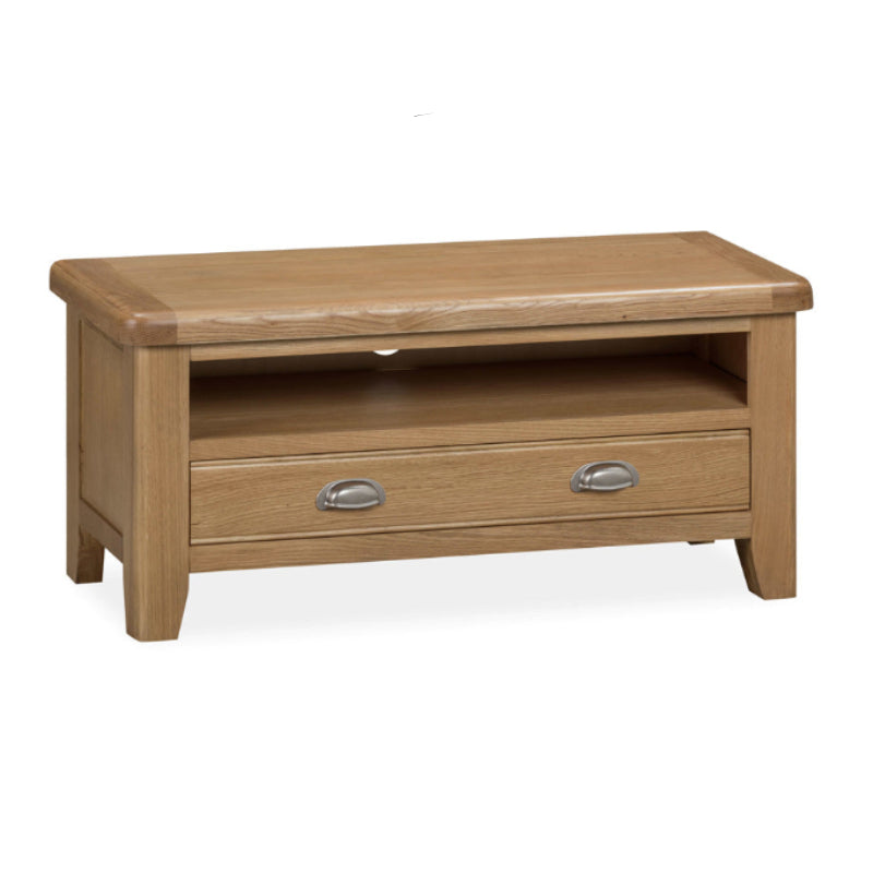 Wooden TV stand with a drawer on a white background