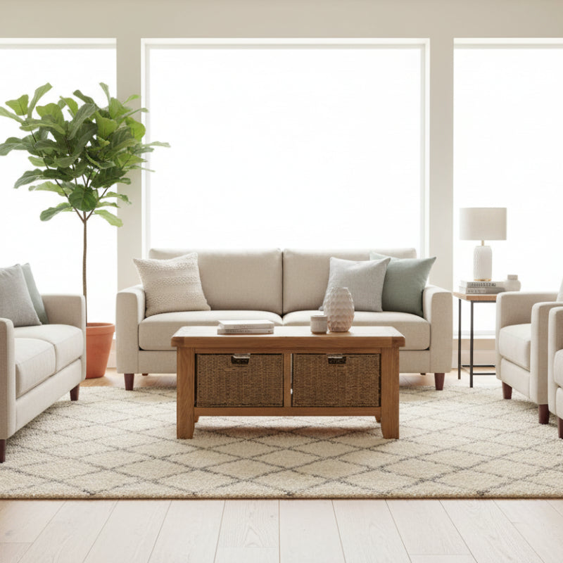 Wooden coffee table with wicker drawers on a white background