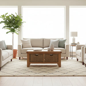 Wooden bench with two wicker basket doors on a white background