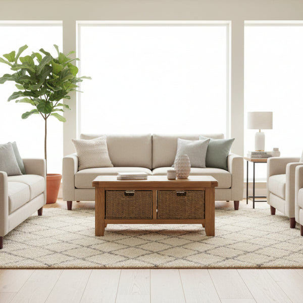 Wooden bench with two wicker basket doors on a white background