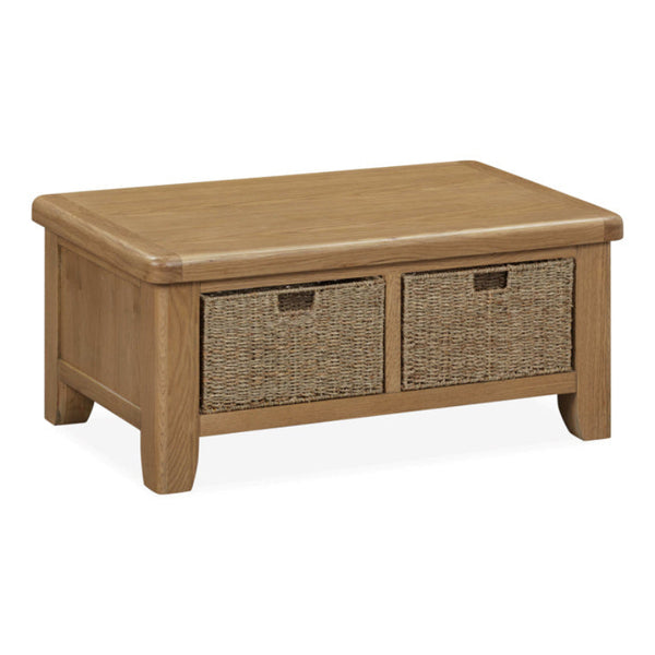 Wooden coffee table with wicker drawers on a white background