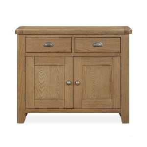 Wooden sideboard with two drawers and two doors on a white background