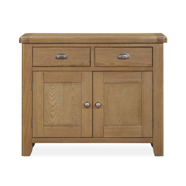 Wooden sideboard with two drawers and two doors on a white background