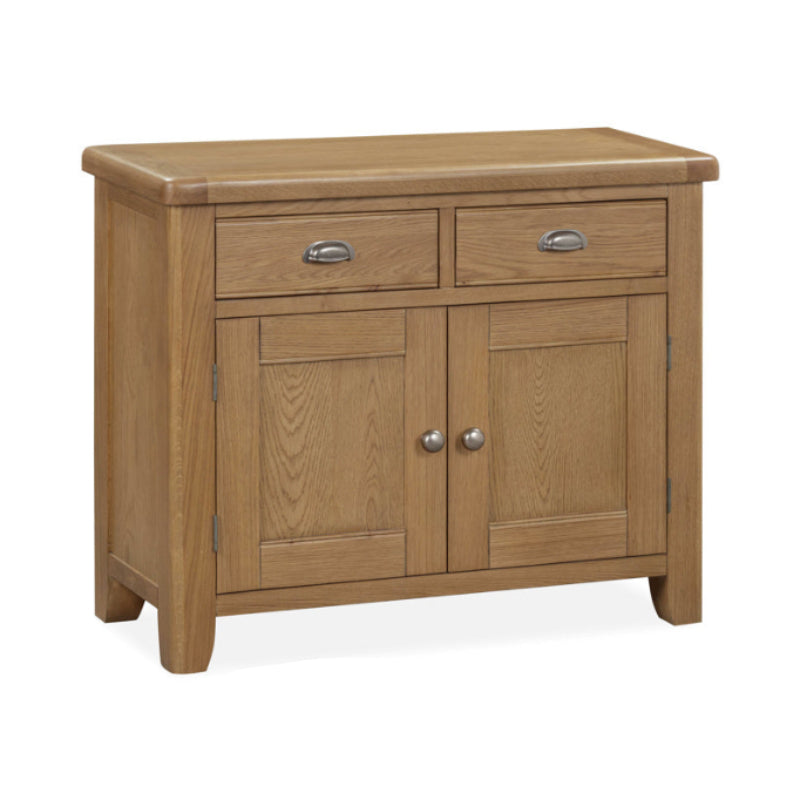 Wooden sideboard with two drawers and two doors on a white background