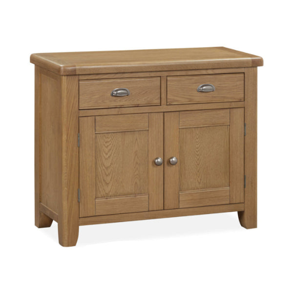Wooden sideboard with two drawers and two doors on a white background