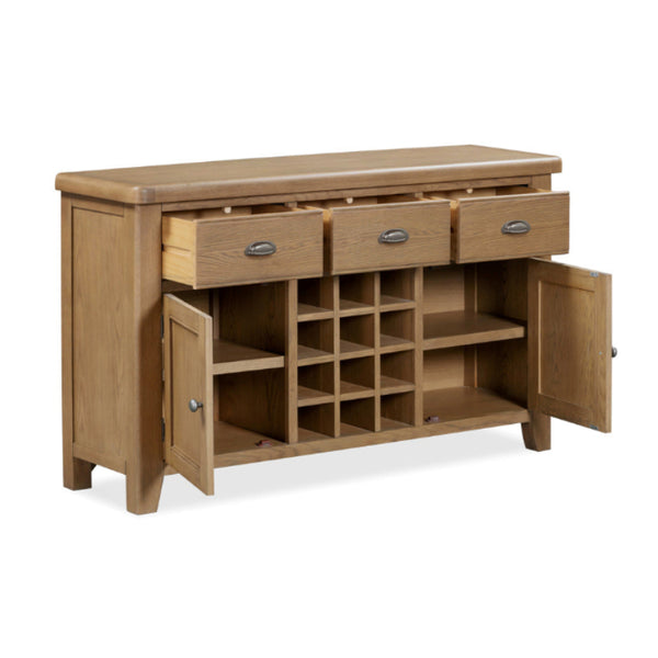Wooden sideboard with multiple drawers and doors on a white background