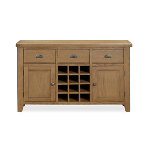Wooden sideboard with wine rack on a white background