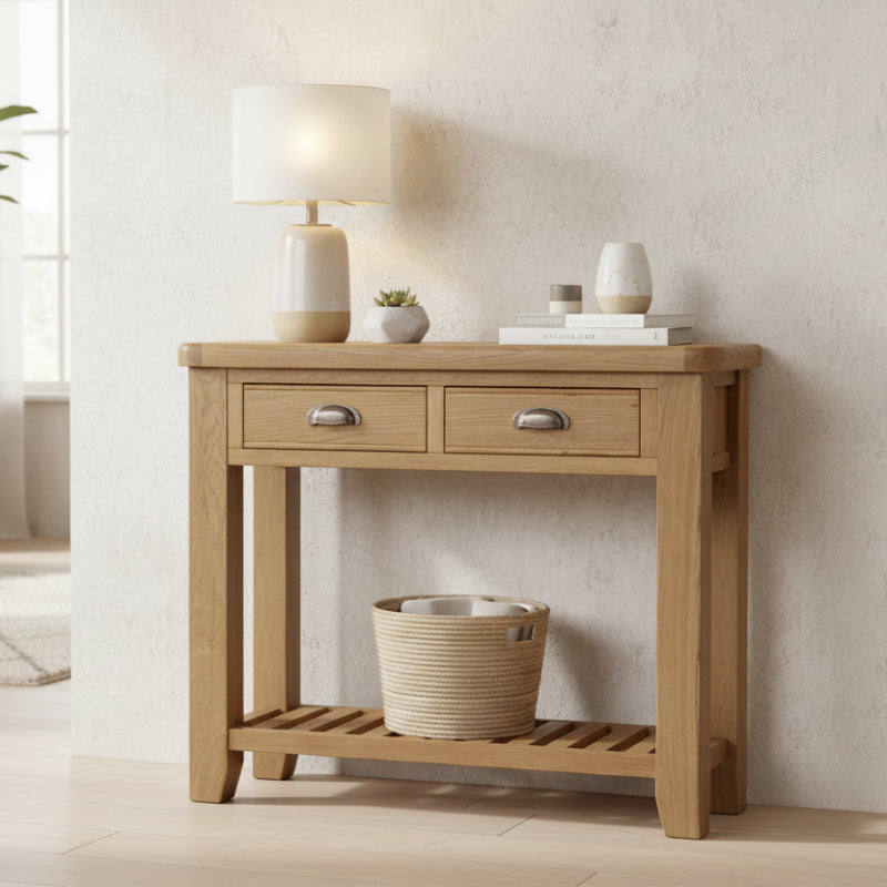 Wooden console table with two drawers on a white background