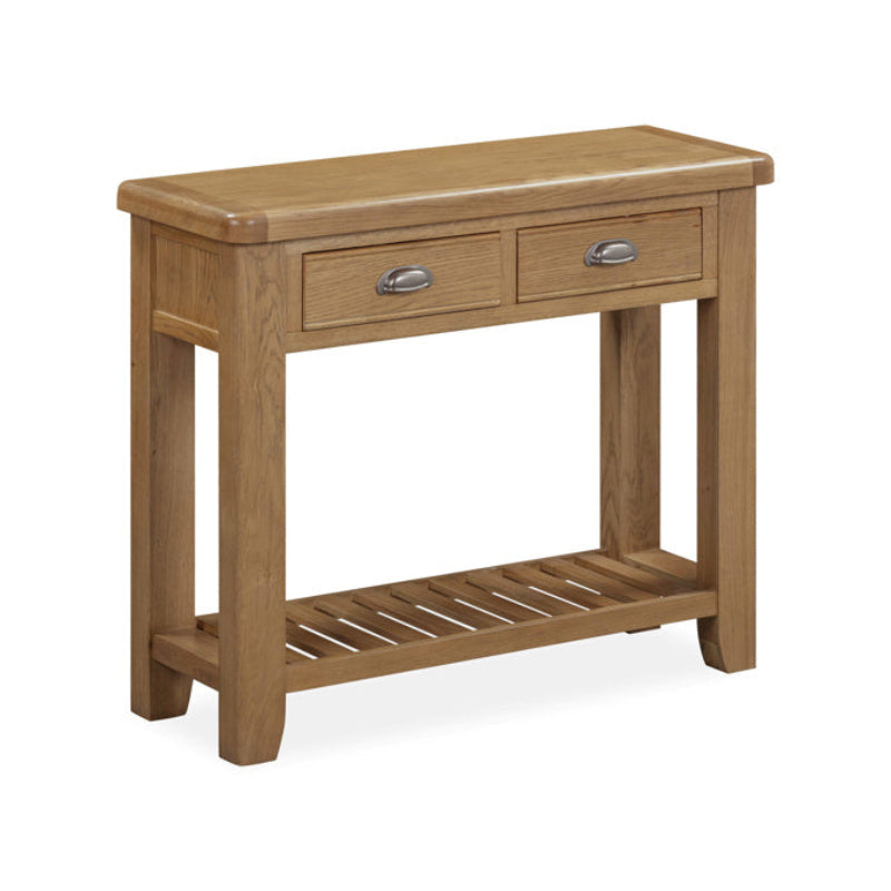 Wooden console table with two drawers on a white background