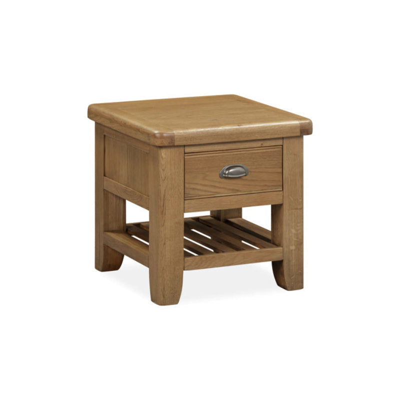Wooden side table with a drawer on a white background
