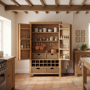 Wooden cabinet with open doors displaying shelves and storage baskets on a white background