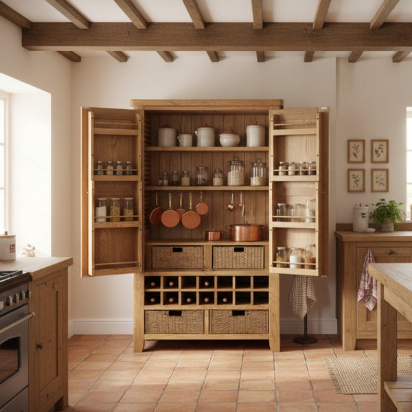 Wooden cabinet with open doors displaying shelves and storage baskets on a white background
