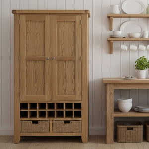 Wooden wardrobe with two doors and two baskets on a white background