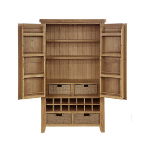 Wooden cabinet with open doors displaying shelves and storage baskets on a white background