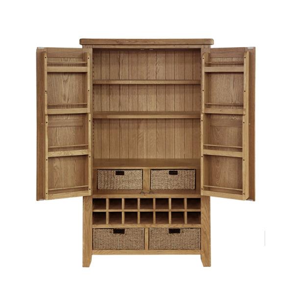 Wooden cabinet with open doors displaying shelves and storage baskets on a white background