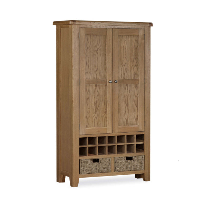 Wooden wardrobe with two doors and three baskets on a white background