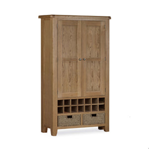 Wooden wardrobe with two doors and three baskets on a white background