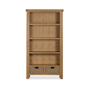 Wooden bookshelf with two basket drawers on a white background