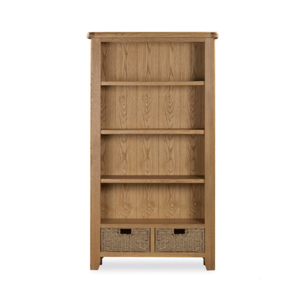 Wooden bookshelf with two basket drawers on a white background