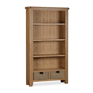 Wooden bookshelf with two basket drawers on a white background