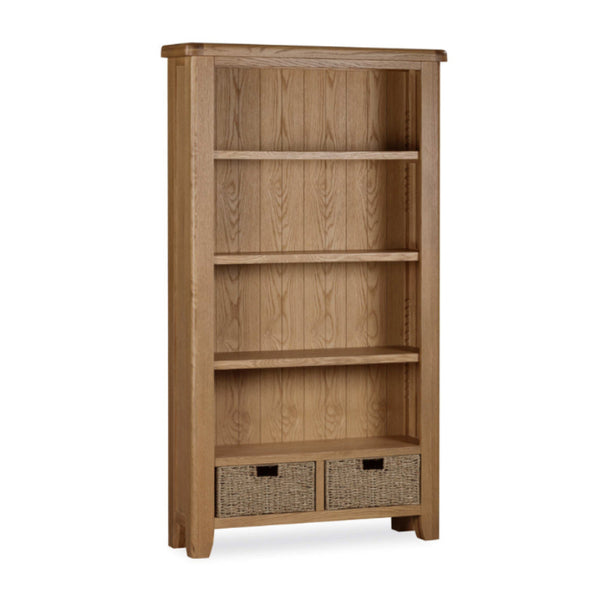 Wooden bookshelf with two basket drawers on a white background