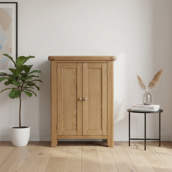 Wooden shoe cabinet with two doors in a room setting