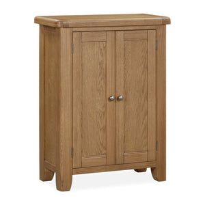 Wooden shoe cabinet with two doors on a white background