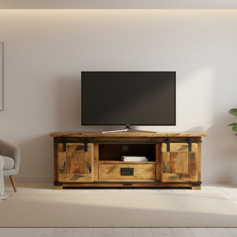 Wooden TV stand with metal accents on a white background