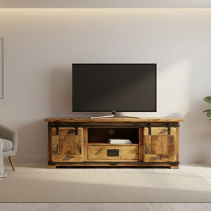 Wooden TV stand with metal accents on a white background